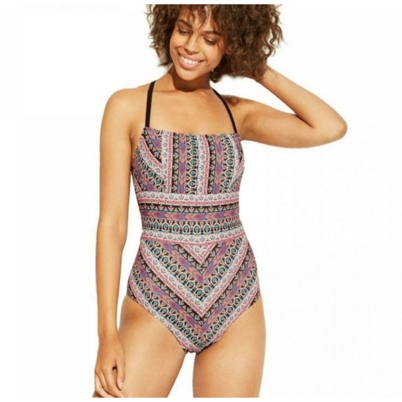 Kona Sol Other - Kona Sol Strappy Lace Up Back One Piece Swimsuit in Black Multi Large